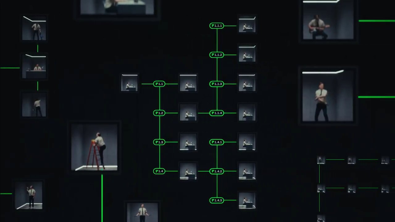 Still from Daytona's funding video: one sandbox, drawn as a lit room with a man at a desk, branching into numbered copies labelled 1.1 through 1.4 and 1.1.1 through 1.4.3, each a room continuing the same scene