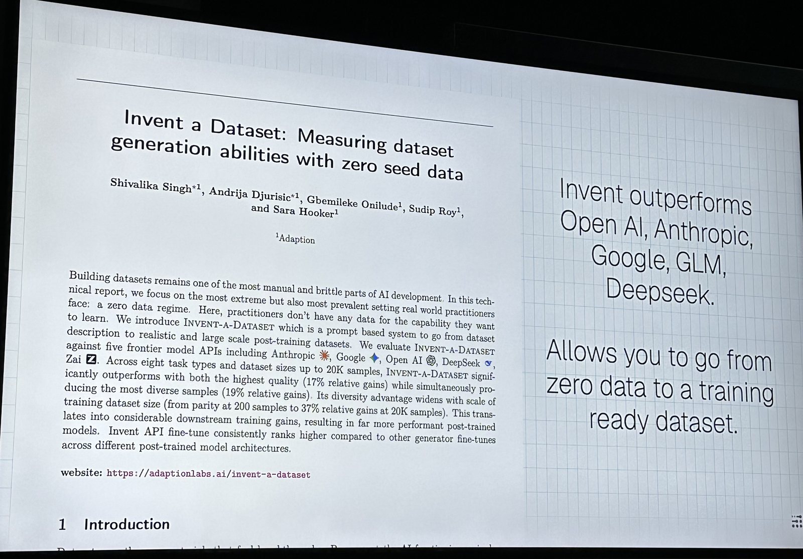 Adaption's slide showing the Invent-a-Dataset report abstract beside the claim that it outperforms OpenAI, Anthropic, Google, GLM, and DeepSeek and goes from zero data to a training-ready dataset